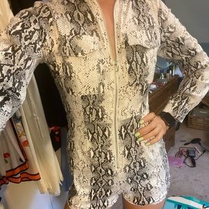 Revolve snakeskin zipup longsleeve romper jumpsuit